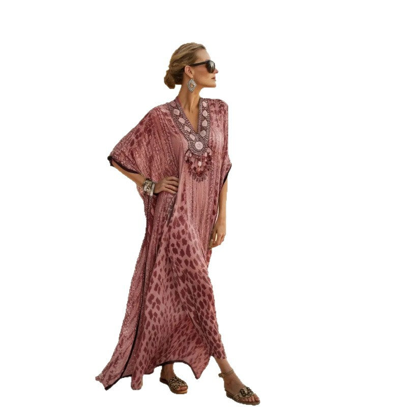 Boho Abstract Print V-Neck Batwing Maxi Kaftan Beach Cover-Up